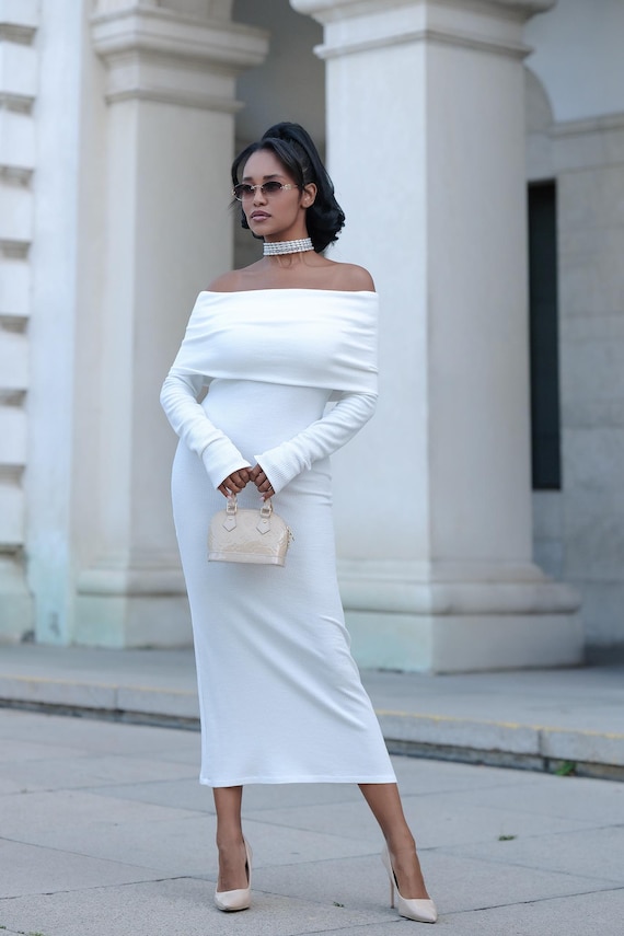 winter white turtleneck dress White Knit Turtleneck Sweater Dress, Cotton Blend Oversized Midi
