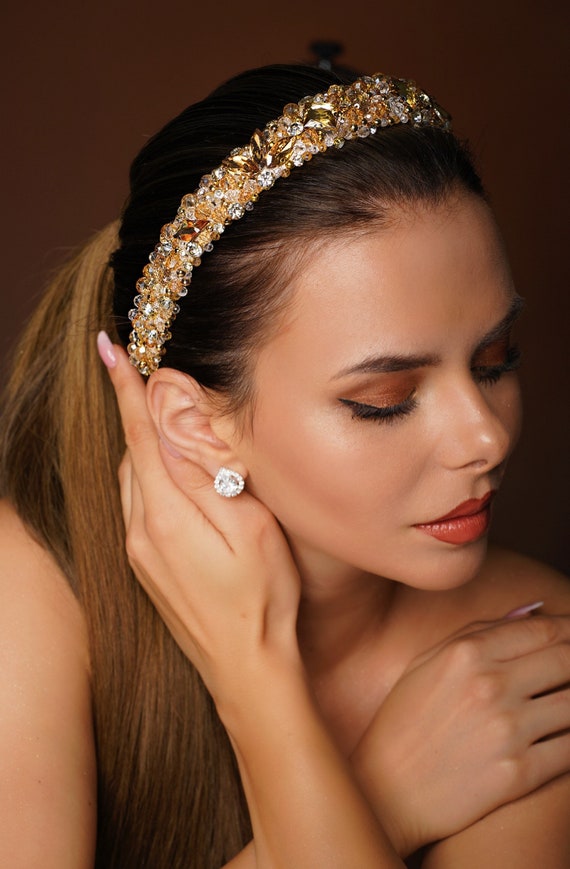 Gold Crystal Tiara Headband Amazon.com : VELSCRUN Gold Crystal Tiara Headband, Crowns  main image 2