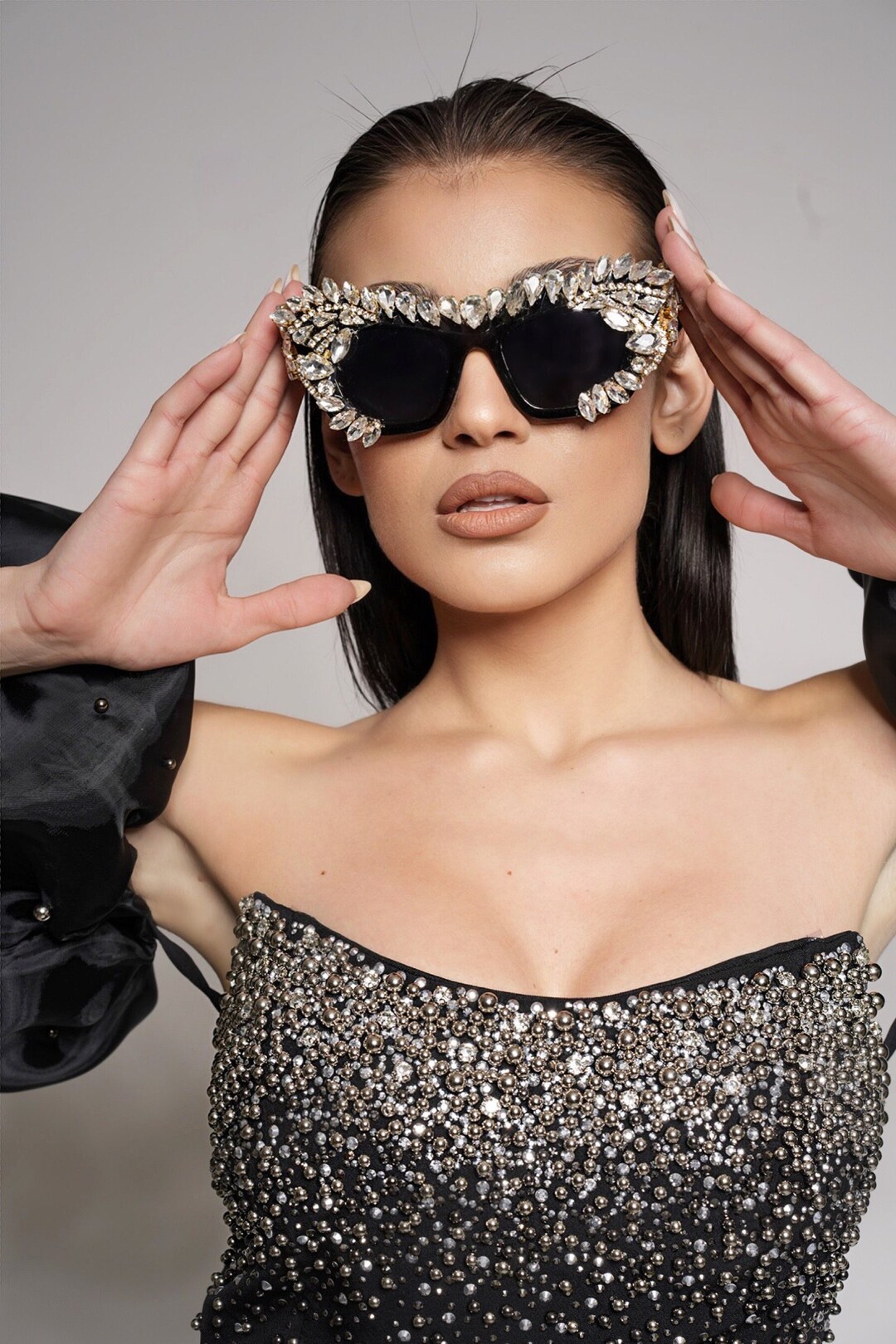 Rave Rhinestone Glasses , Designer Sunglasses Woman. Bling Sunglasses