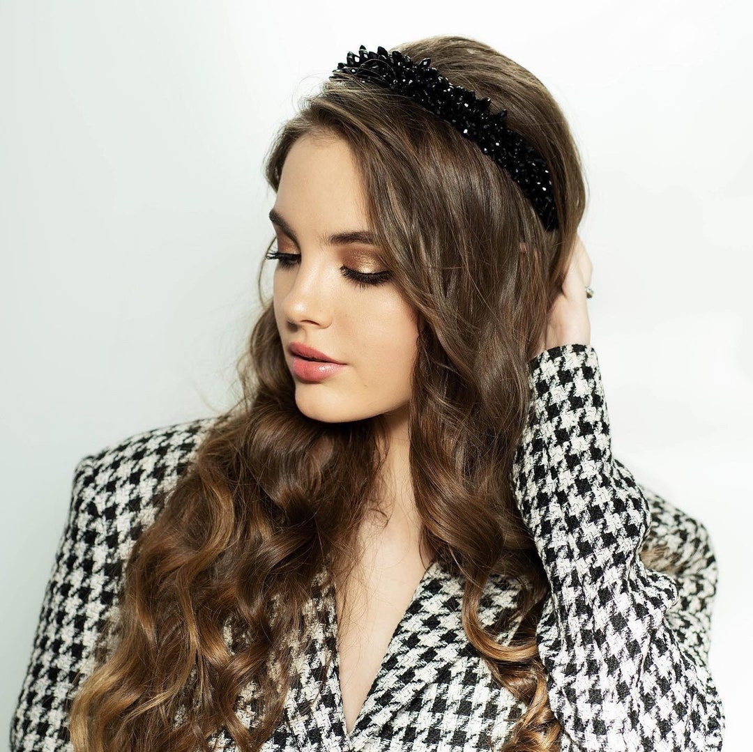 Black Wedding Headband.gothic Crystal Headpiece. Bejeweled Headband