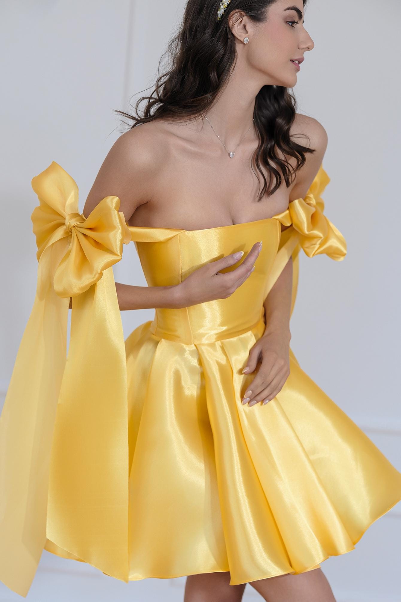 strapless open back dress Tulle V-neck Yellow Prom Dresses A-line Long Party Dresses with  Ruffles,MP592