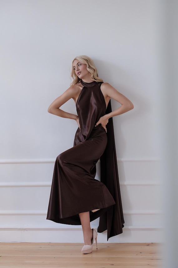 princess polly baby blue dress & Other Stories | Cowl-Neck Satin Midi Dress | Brown main image 0