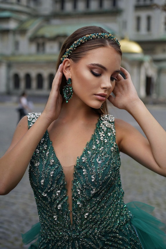 Emerald Green Crown, Mermaid Crown, Thin Crystal Headband  display picture 1