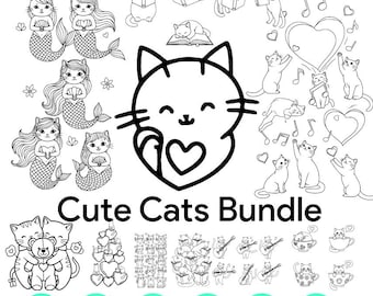 Pacchetto SVG di gatti: sirena, lettura, disegni a forma di cuore (download digitale)