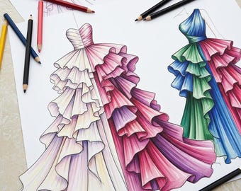 Libro da colorare con illustrazioni di schizzi di moda, volume 1/ Pratica di progettazione di abiti (PDF scaricabile)