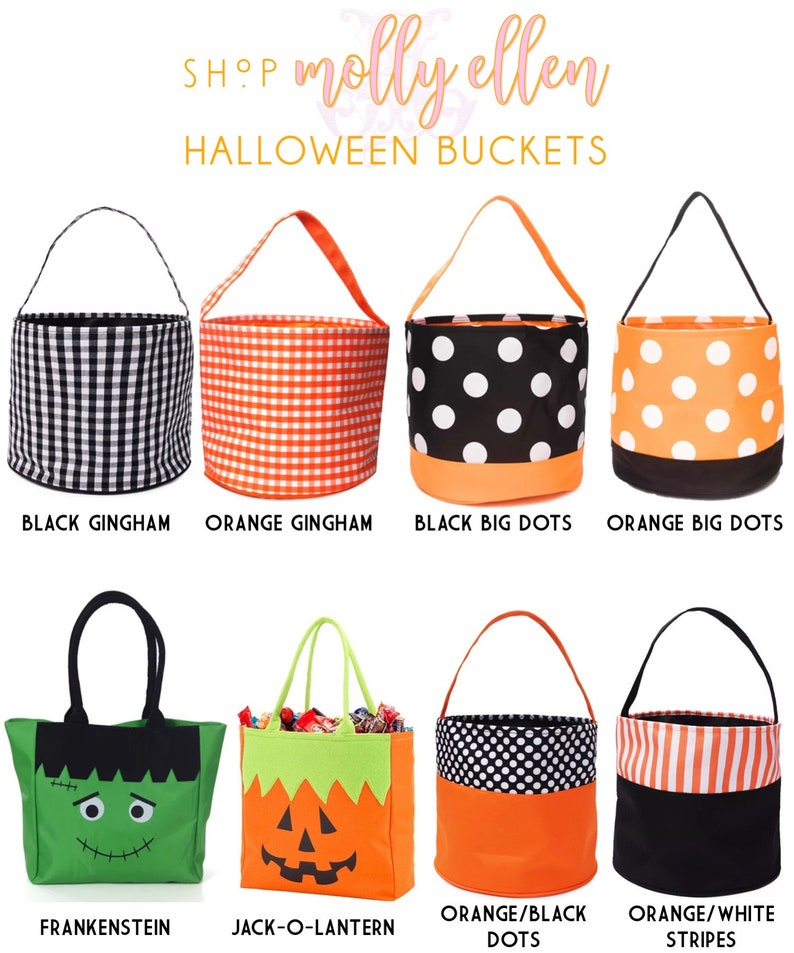 May include: A collection of eight Halloween buckets featuring various patterns including black gingham, orange gingham, black big dots, orange big dots, a green Frankenstein face, a jack-o-lantern, orange and black dots, and orange and white stripes.