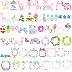 May include: A collection of colourful embroidery designs featuring various themes, including animals, food, and floral motifs. The designs are perfect for creating personalised projects like clothing, home decor, and accessories. Shop Molly Ellen Frames & Motifs.