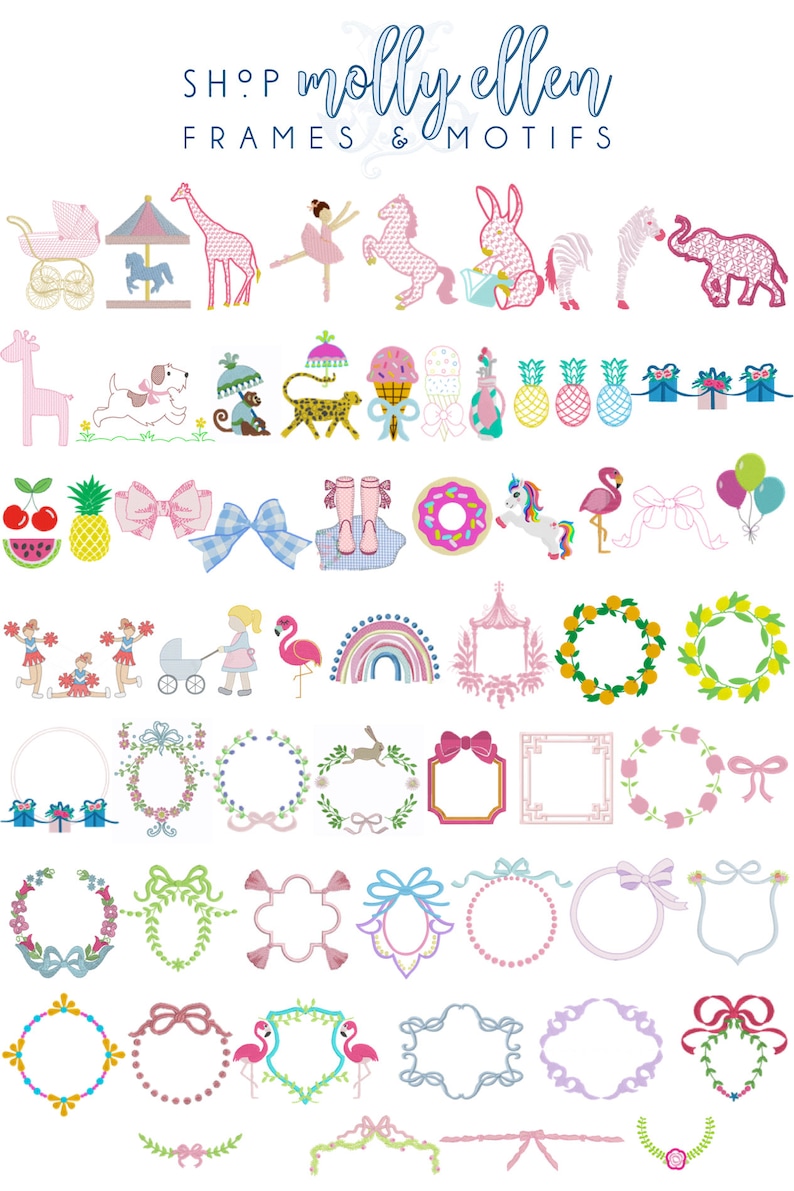 May include: A collection of colourful embroidery designs featuring various themes, including animals, food, and floral motifs. The designs are perfect for creating personalised projects like clothing, home decor, and accessories. Shop Molly Ellen Frames & Motifs.