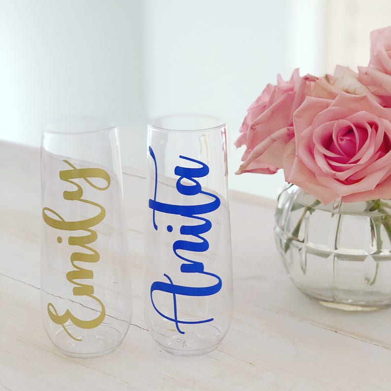 Champagne Flute Decals Champagne Glass Decals Bridesmaid Champagne Flutes Wedding Reception Flutes Personalized Gift image 1