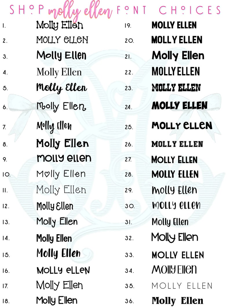 May include: A list of 36 different font styles for the name "Molly Ellen". Each font style is numbered and displayed in black text on a white background.