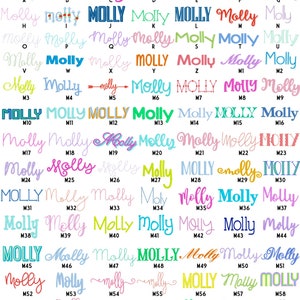 May include: A digital chart titled SHOP MOLLY ELLEN MONOGRAM FONTS displaying a grid of the name Molly in various colorful typefaces, styles, and scripts, each labeled with a unique alphanumeric code from A to M82 for font selection.