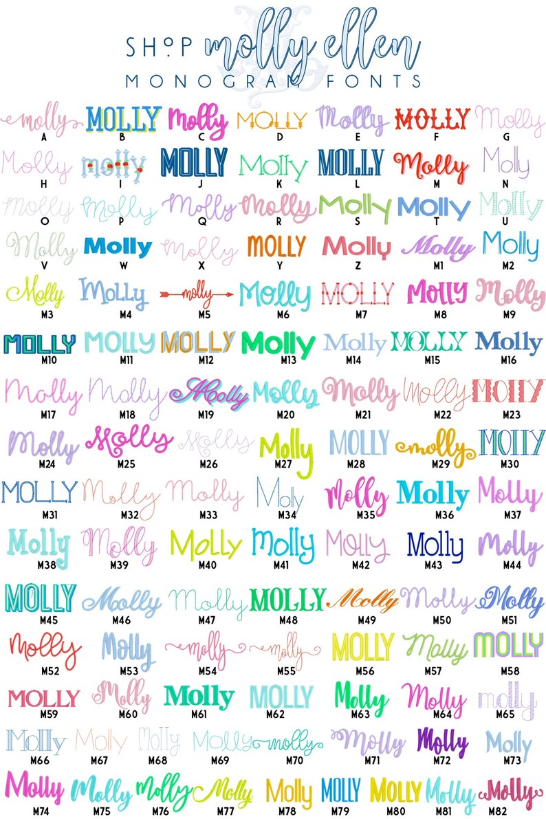 May include: A digital chart titled SHOP MOLLY ELLEN MONOGRAM FONTS displaying a grid of the name Molly in various colorful typefaces, styles, and scripts, each labeled with a unique alphanumeric code from A to M82 for font selection.