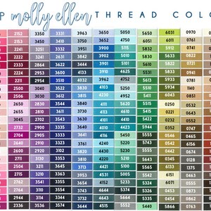 May include: A color chart of embroidery floss with over 200 different colors. The chart is organized by color family, with each color labeled with a number. The chart is titled "SHOP molly ellen THREAD COLORS".
