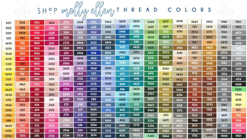 May include: A color chart of embroidery floss with over 200 different colors. The chart is organized by color family, with each color labeled with a number. The chart is titled "SHOP molly ellen THREAD COLORS".