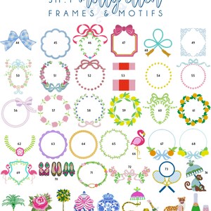 May include: A collection of 82 embroidery designs featuring frames and motifs. The designs include floral wreaths, bows, lemons, flamingos, palm trees, and more. The designs are perfect for adding a touch of whimsy to your embroidery projects.