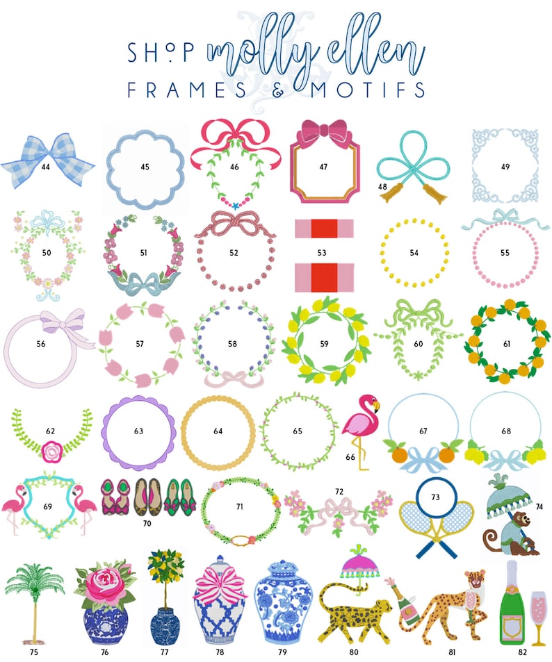 May include: A collection of 82 embroidery designs featuring frames and motifs. The designs include floral wreaths, bows, lemons, flamingos, palm trees, and more. The designs are perfect for adding a touch of whimsy to your embroidery projects.