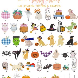 May include: A digital collection of 43 embroidered Halloween motifs and frames labeled SHOP MOLLY ELLEN HALLOWEEN MOTIFS & FRAMES. The designs include pumpkins, ghosts, dogs, cats, witches, bats, spiders, tractors, and a space villain character.