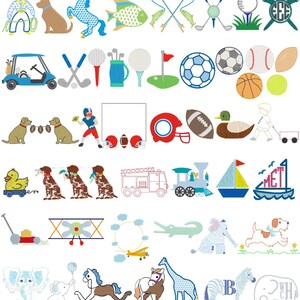 May include: A collection of colourful embroidered designs featuring various themes, including sports, animals, transport, and nature. The designs are perfect for creating personalised embroidery projects.