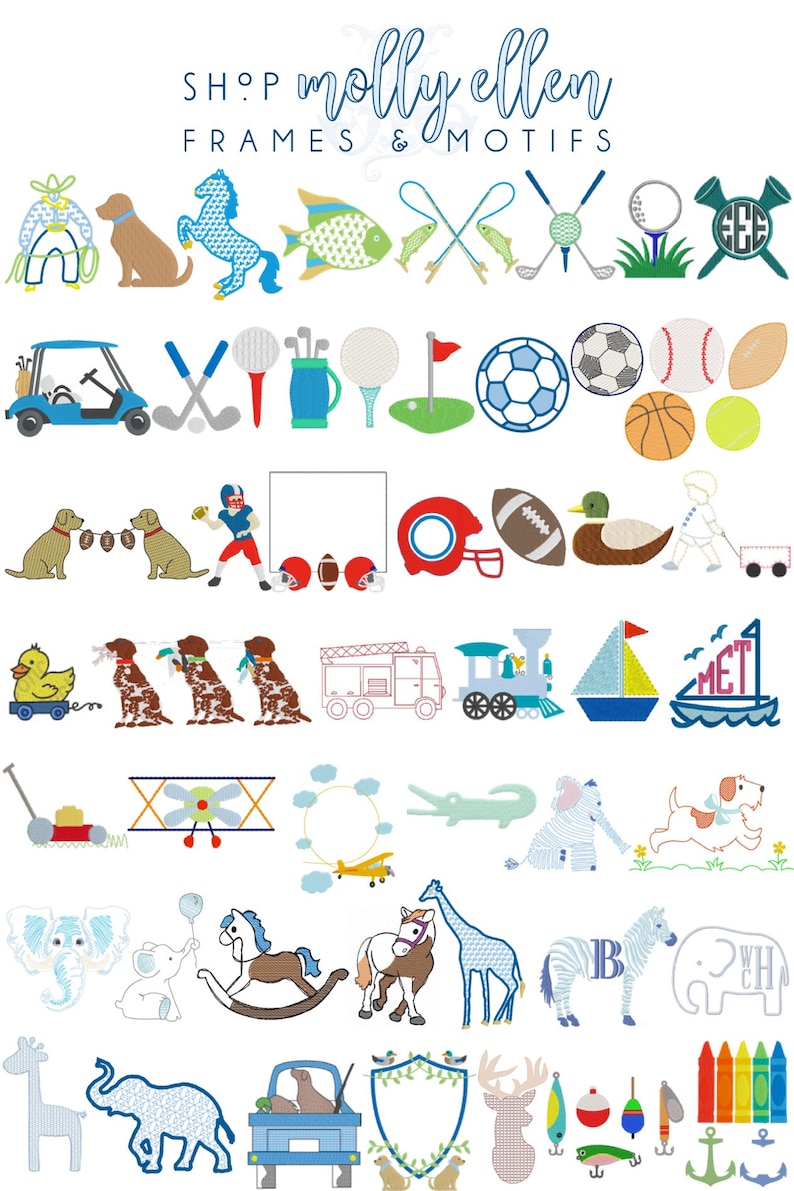 May include: A collection of colourful embroidered designs featuring various themes, including sports, animals, transport, and nature. The designs are perfect for creating personalised embroidery projects.