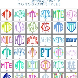 May include: A chart of 108 different monogram styles for the letters M, T, and E. The monograms are in various colors and designs, including traditional, modern, and whimsical.