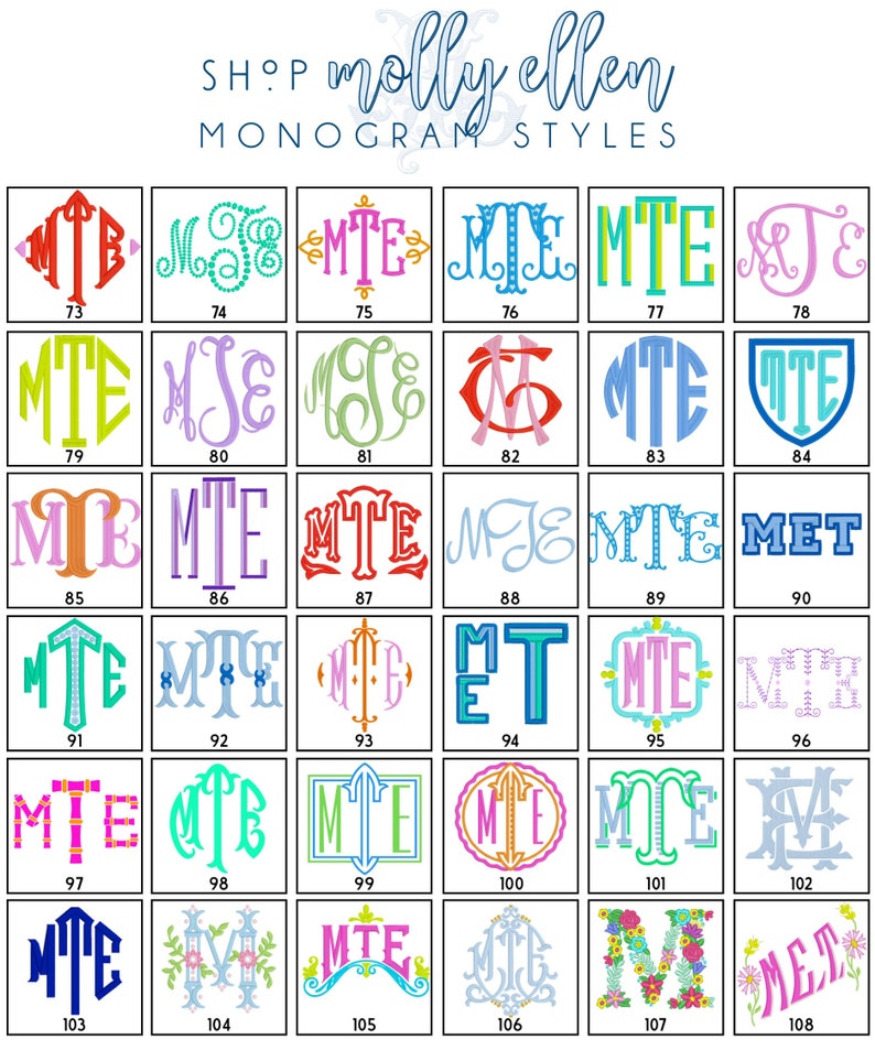 May include: A chart of 108 different monogram styles for the letters M, T, and E. The monograms are in various colors and designs, including traditional, modern, and whimsical.