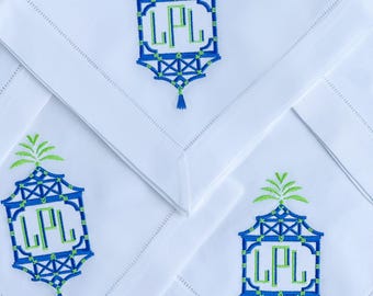Pagoda Monogrammed Dinner Napkins, Chinoiserie Embroidered Linen Napkins, Personalized Cloth Napkins, Embroidered Napkins, Personalized Gift