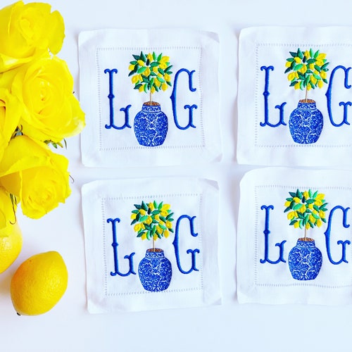 Monogrammed Cocktail Napkins Embroidered Linen Napkins Etsy