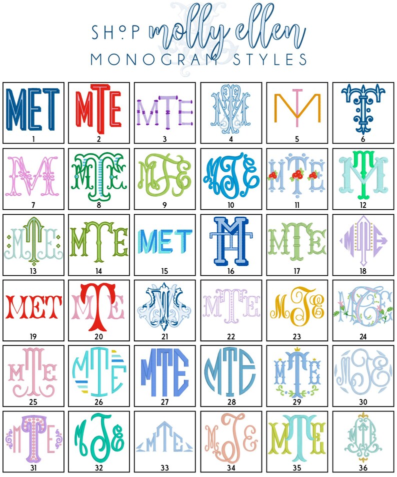 May include: A grid of 36 square tiles displaying various monogram styles labeled SHOP MOLLY ELLEN MONOGRAM STYLES. Each tile features unique letter combinations in diverse fonts, colors, and decorative patterns, ranging from block letters to script.