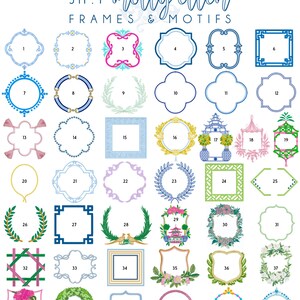 May include: A chart of 43 different frame and motif designs. The frames are in various colors and styles, including wreaths, geometric shapes, and floral designs. The motifs are also in various colors and styles, including flowers, birds, and geometric patterns.