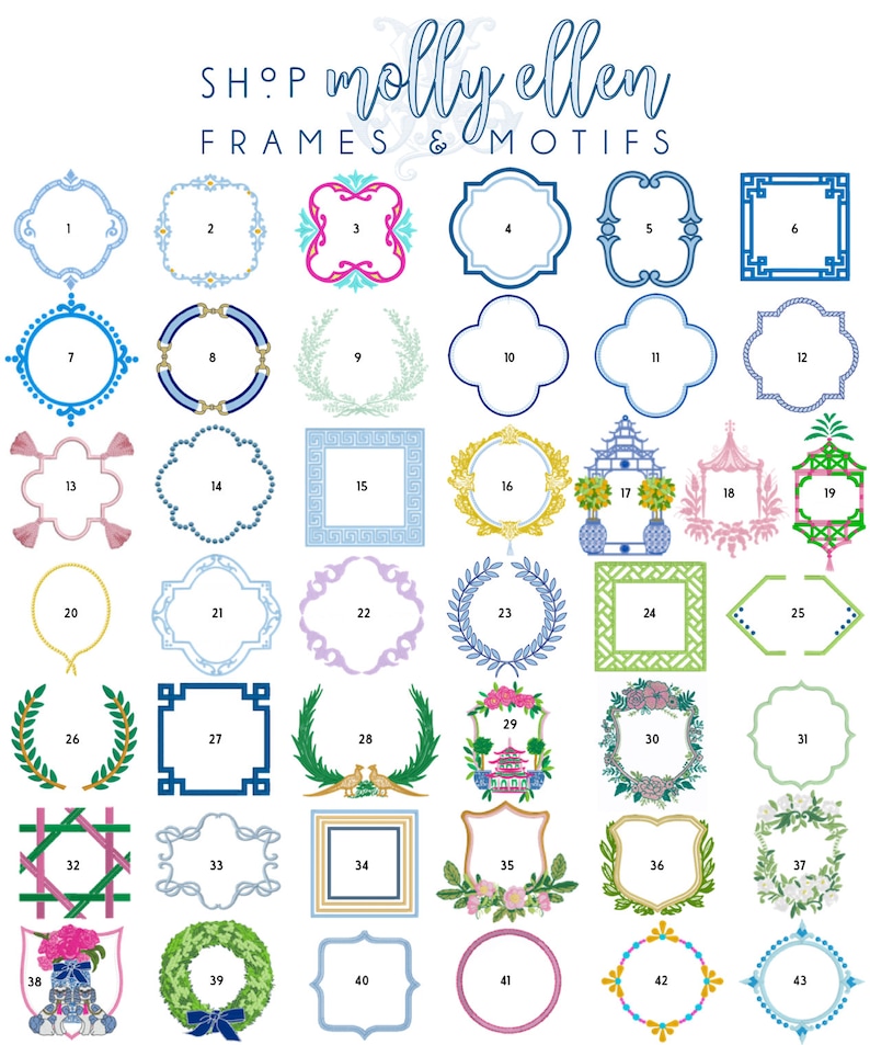 May include: A chart of 43 different frame and motif designs. The frames are in various colors and styles, including wreaths, geometric shapes, and floral designs. The motifs are also in various colors and styles, including flowers, birds, and geometric patterns.