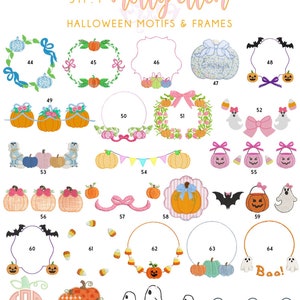 May include: A digital catalog titled SHOP molly ellen HALLOWEEN MOTIFS & FRAMES featuring numbered embroidery designs including pumpkins, ghosts, bats, candy corn, bows, and decorative frames in various colors and styles for seasonal projects.