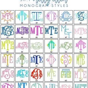 May include: A chart of 72 different monogram styles for the letters MTE. Each style is numbered and displayed in a square box. The monogram styles are in various colors and fonts.