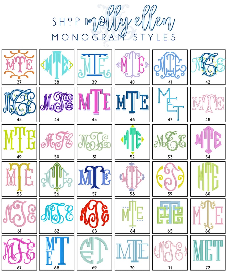 May include: A chart of 72 different monogram styles for the letters MTE. Each style is numbered and displayed in a square box. The monogram styles are in various colors and fonts.