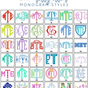 May include: A chart displaying 108 different monogram styles for the letters M, T, and E. The monograms are presented in a variety of colours and designs, including traditional, modern, and whimsical.
