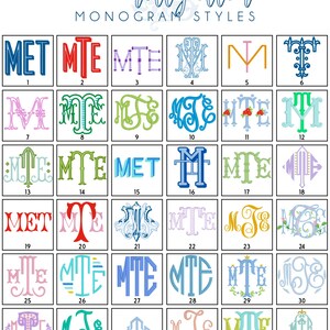 May include: A chart of 36 different monogram styles for the letters MET. The monogram styles are numbered 1 through 36. The letters are in various colors and fonts.