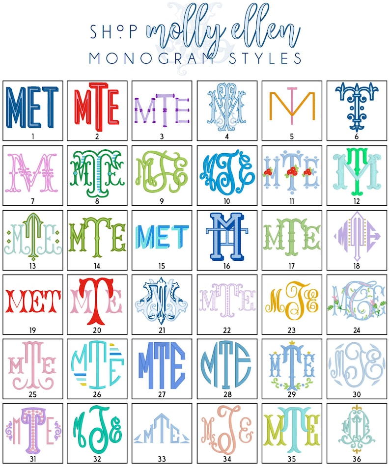 May include: A chart of 36 different monogram styles for the letters MET. The monogram styles are numbered 1 through 36. The letters are in various colors and fonts.