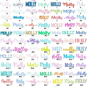 May include: A chart of 74 different font styles for the name "Molly" in various colours. The fonts are numbered M1 through M74. SHOP molly ellen MONOGRAM FONTS is written at the top of the chart.