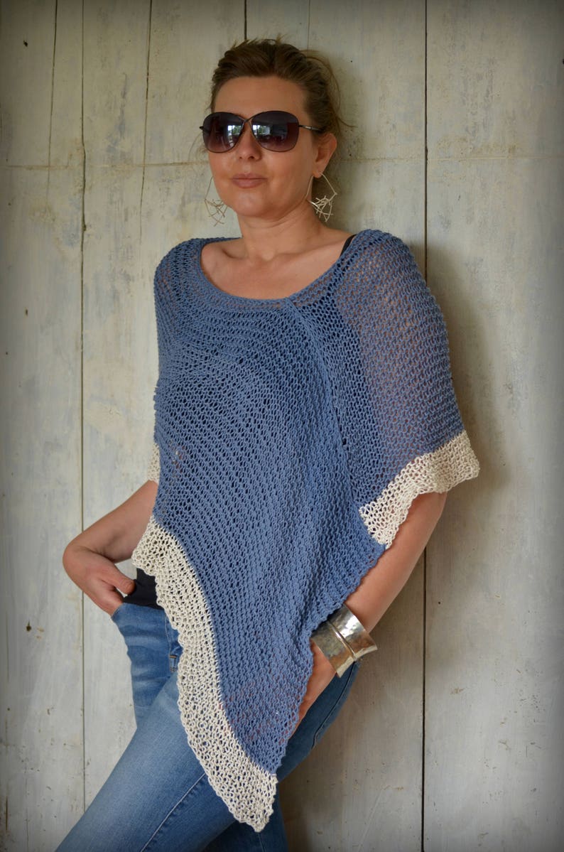 Hand Knit Cotton Lightweight Poncho Boho Style Summer Denim Etsy