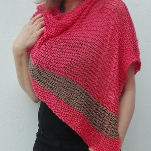 Hand knit cotton lightweight poncho, Boho style, Summer, orange and taupe  elegant , loose knit , women artistic ponchos