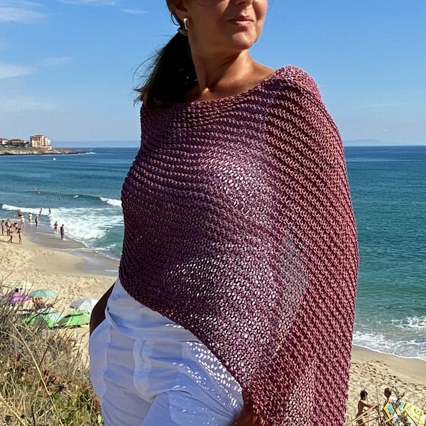 Hand knitted cotton lightweight poncho, boho style, summer fit, magenta pastel color , loose knit, women artistic poncho