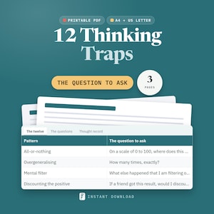 Può includere: Un documento PDF stampabile intitolato 12 Thinking Traps, disponibile nei formati A4 e US Letter. La risorsa di 3 pagine presenta una tabella che elenca schemi cognitivi come All-or-nothing e Overgeneralising, insieme alle relative domande.