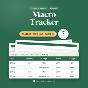 May include: A digital Macro Tracker spreadsheet template for Google Sheets and Excel on a dark green background. The interface displays a Daily Log table with columns for Date, Protein g, vs target, Calories, and vs target, plus 7 tabs.