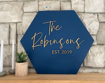 Personalized last name sign , Hexagon custom name sign for house, Established family sign with last name, Wedding name sign gift