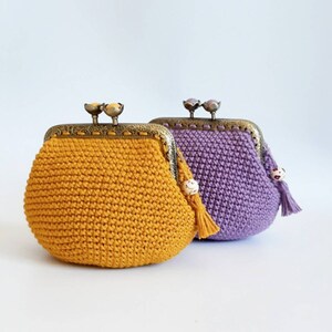 Mustard-colored boho-chic women's wallet, crochet purse with saffron-colored flower closure, crochet purse with metal clasp