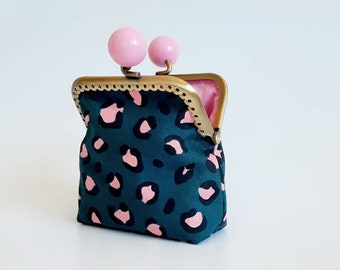 Small pink and green leopard fabric purse, women's purse with mouthpiece closure and animal print, gift idea for a friend