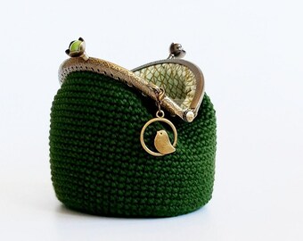 Sac à main au crochet vert bouteille moyen avec tissu géométrique de style vintage, sac à main au crochet pour femme avec fermeture à clip