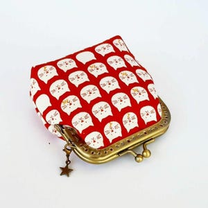 Bolsa de tecido com estampa de gato branco e vermelho carmim, carteira feminina pequena com fecho de bola, presente divertido para quem ama gatos