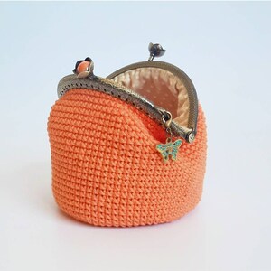 Medium tangerine crochet purse in boho-chic style, women's crochet wallet with clip closure, handmade gift for women
