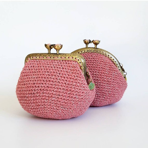 Petite bourse antique rose au crochet avec fil argente pour femme bourse style boheme avec fermoir en metal en forme de fleur Etsy France