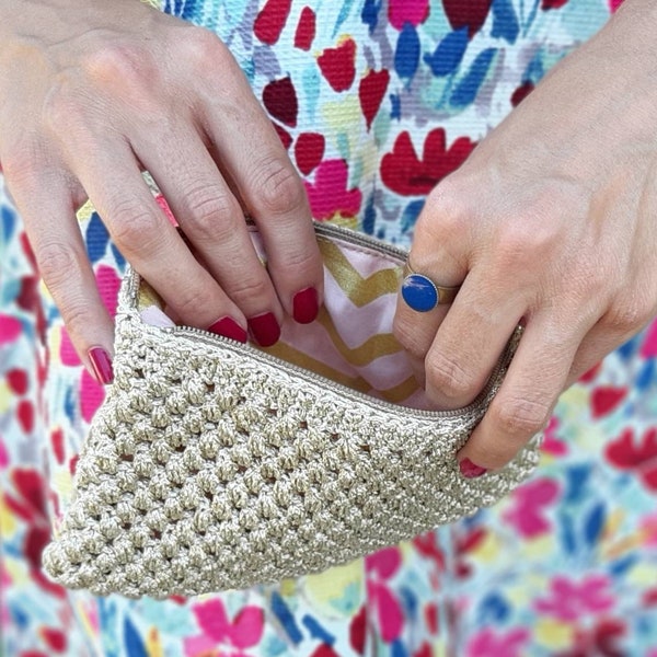 Schminktasche mit goldenem Reißverschluss, gehäkelte Kulturtasche mit Chevron-Stoff, kleine Mehrzweck-Brilli-Brilli-Tasche für Frauen